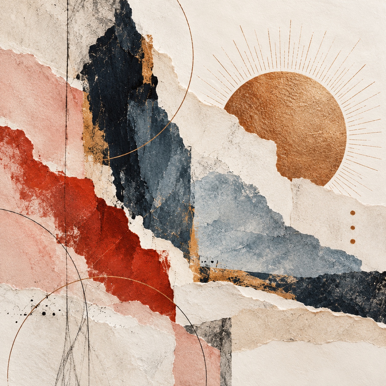 Torn cream paper, vermilion and slate blue brushwork, with a copper sun and fine curved lines